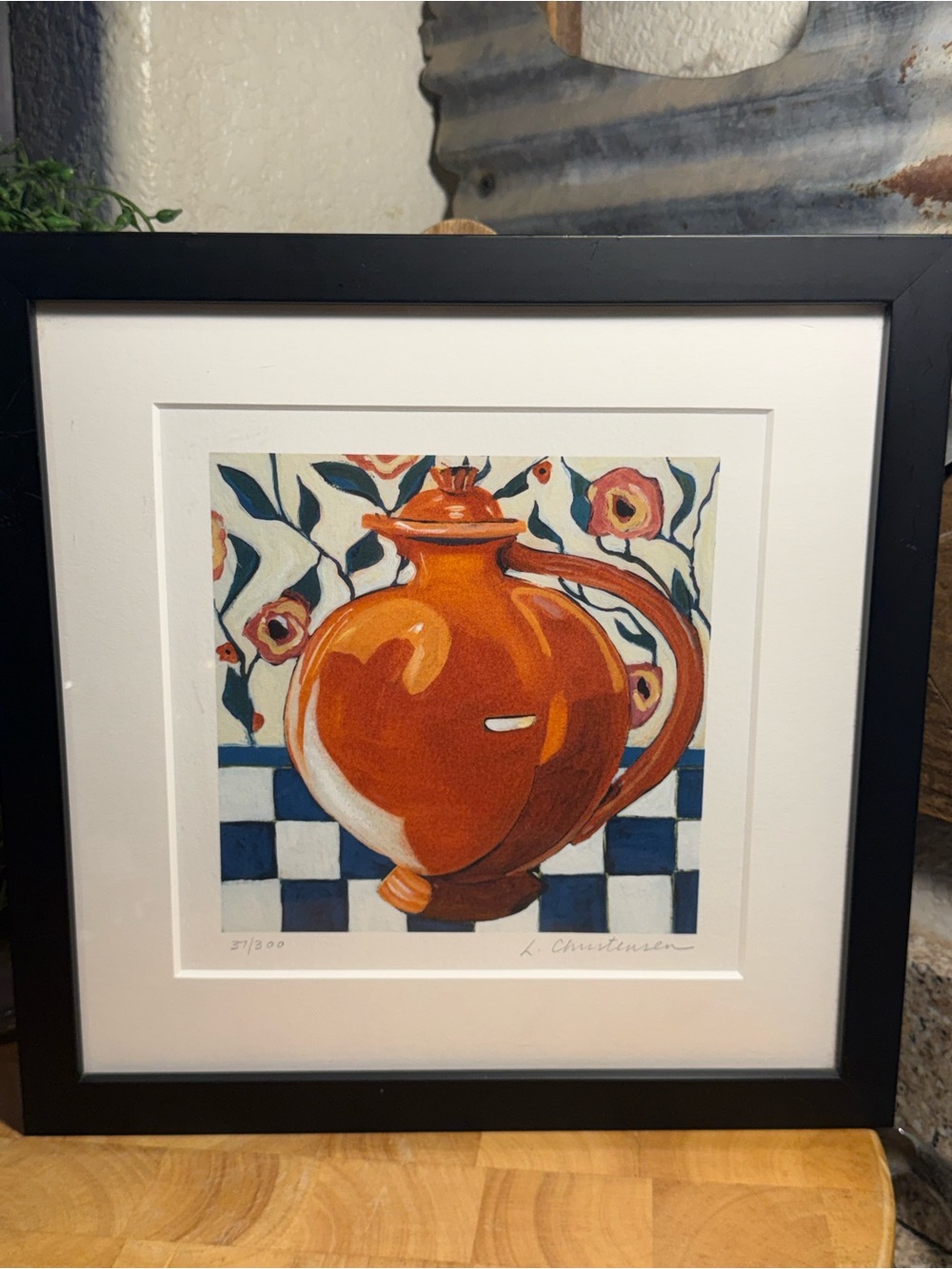 Signed & Numbered L. Christensen Framed Orange Teapot Limited Print #27/300